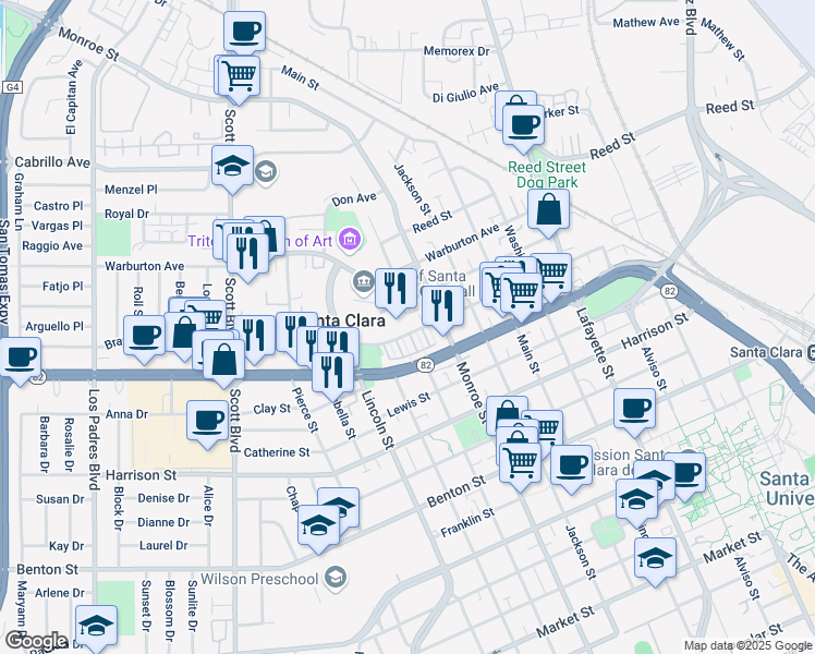 map of restaurants, bars, coffee shops, grocery stores, and more near in Santa Clara