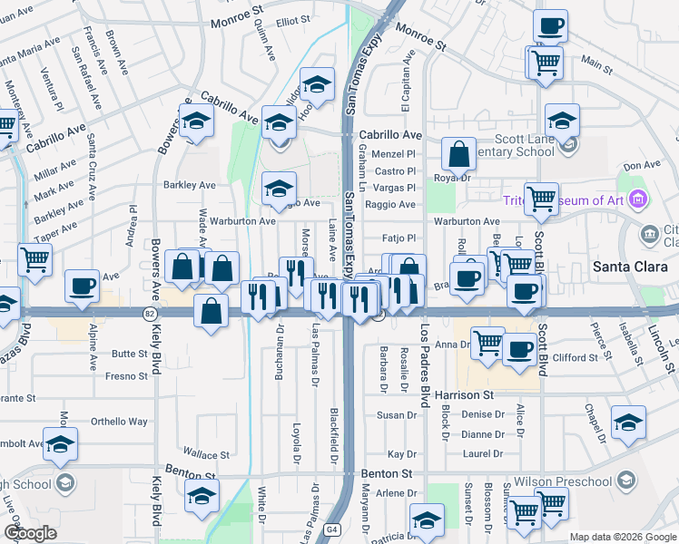 map of restaurants, bars, coffee shops, grocery stores, and more near 1742 Laine Avenue in Santa Clara