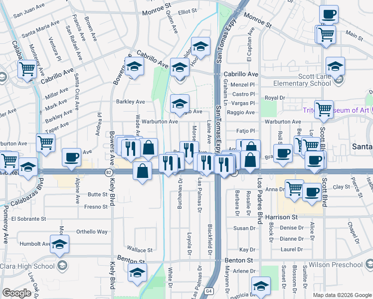 map of restaurants, bars, coffee shops, grocery stores, and more near 1745 Higgins Avenue in Santa Clara
