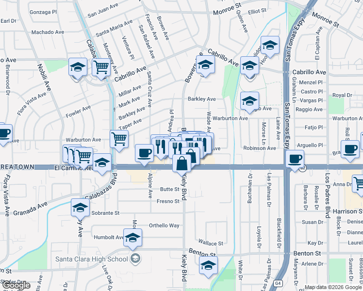 map of restaurants, bars, coffee shops, grocery stores, and more near 2831 Fargher Drive in Santa Clara