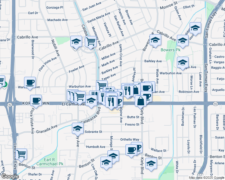 map of restaurants, bars, coffee shops, grocery stores, and more near 2963 Sally Court in Santa Clara