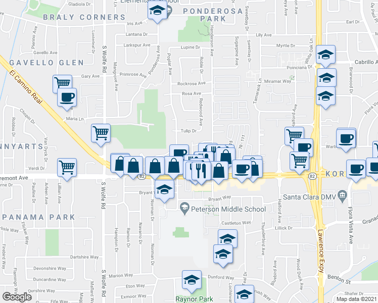 map of restaurants, bars, coffee shops, grocery stores, and more near 1227 Valerian Court in Sunnyvale