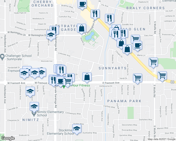 map of restaurants, bars, coffee shops, grocery stores, and more near 1222 Matisse Court in Sunnyvale