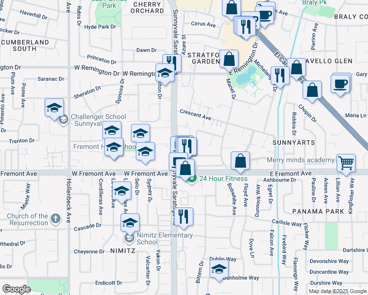 map of restaurants, bars, coffee shops, grocery stores, and more near 1239 Gainsborough Drive in Sunnyvale