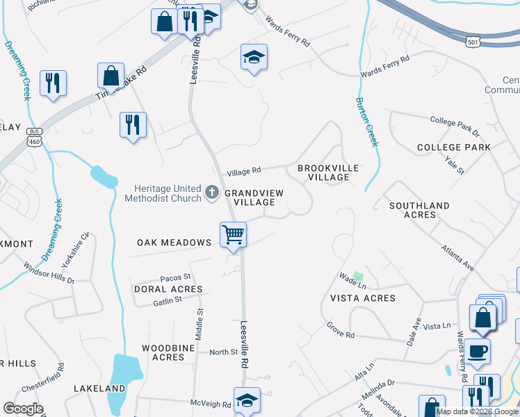map of restaurants, bars, coffee shops, grocery stores, and more near 1016 Grand View Circle in Lynchburg