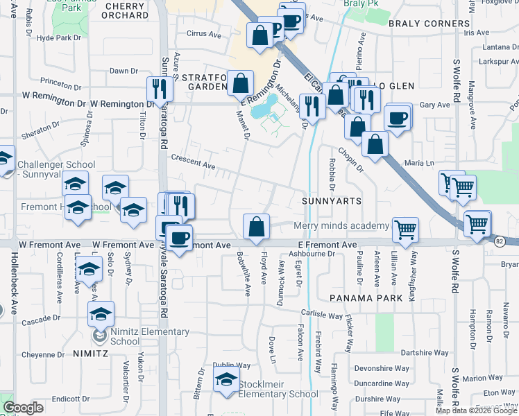 map of restaurants, bars, coffee shops, grocery stores, and more near 1222 Matisse Court in Sunnyvale