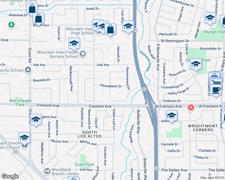 map of restaurants, bars, coffee shops, grocery stores, and more near 1511 Fallen Leaf Lane in Los Altos