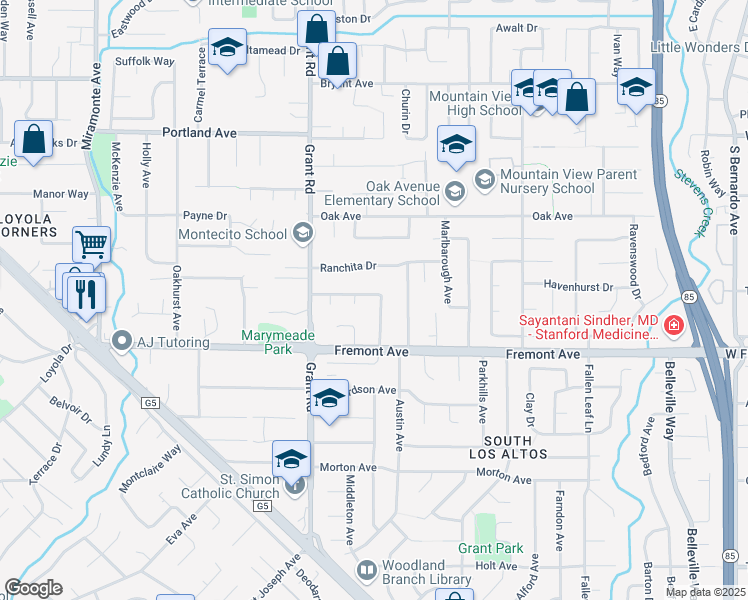 map of restaurants, bars, coffee shops, grocery stores, and more near 1390 Garthwick Drive in Los Altos