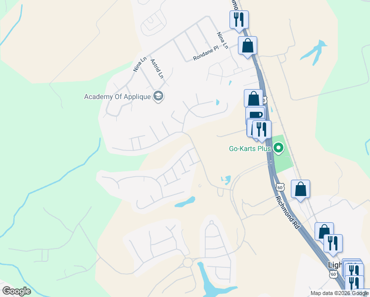 map of restaurants, bars, coffee shops, grocery stores, and more near 6801 Arthur Hills Drive in Williamsburg