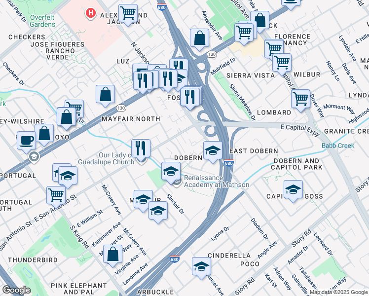 map of restaurants, bars, coffee shops, grocery stores, and more near 2138 East San Antonio Street in San Jose