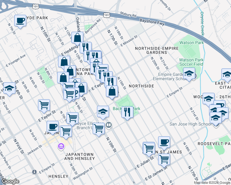 map of restaurants, bars, coffee shops, grocery stores, and more near 631 South 14th Street in San Jose