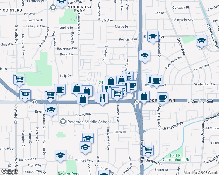 map of restaurants, bars, coffee shops, grocery stores, and more near 1004 Helen Avenue in Sunnyvale