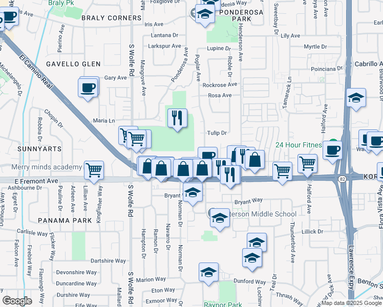 map of restaurants, bars, coffee shops, grocery stores, and more near 1253 Poplar Avenue in Sunnyvale