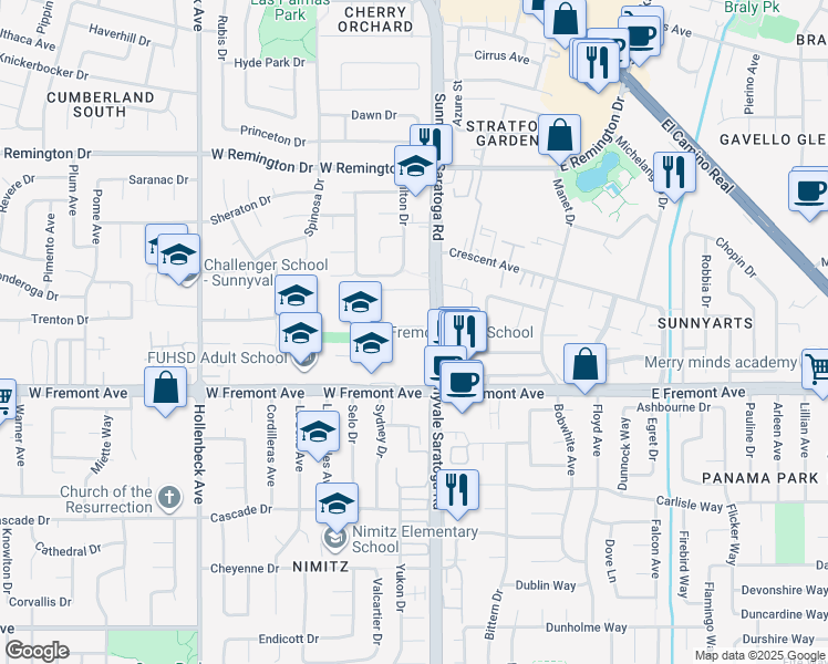 map of restaurants, bars, coffee shops, grocery stores, and more near 1162 Sunnyvale Saratoga Road in Sunnyvale