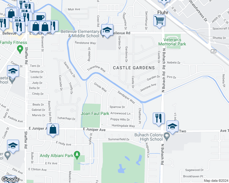map of restaurants, bars, coffee shops, grocery stores, and more near 912 Sandpiper Way in Atwater
