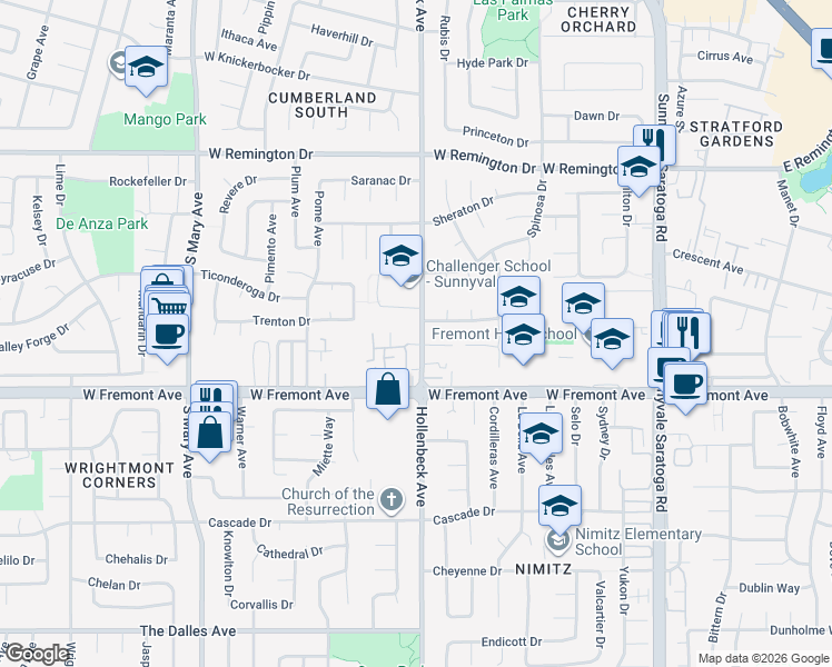 map of restaurants, bars, coffee shops, grocery stores, and more near 1203 Hollenbeck Avenue in Sunnyvale