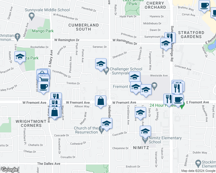 map of restaurants, bars, coffee shops, grocery stores, and more near 1203 Hollenbeck Avenue in Sunnyvale