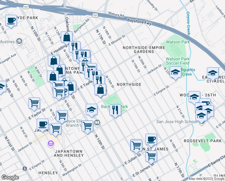 map of restaurants, bars, coffee shops, grocery stores, and more near 644 North 14th Street in San Jose