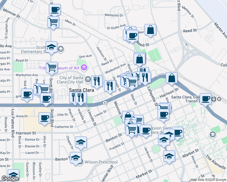 map of restaurants, bars, coffee shops, grocery stores, and more near 1565 Monroe Street in Santa Clara
