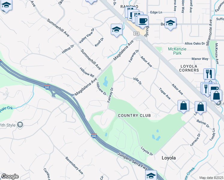 map of restaurants, bars, coffee shops, grocery stores, and more near Fairway Drive in Los Altos