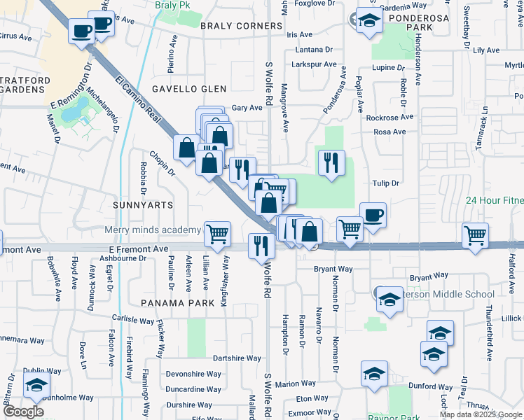 map of restaurants, bars, coffee shops, grocery stores, and more near 861 East El Camino Real in Sunnyvale