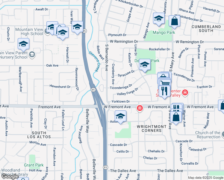 map of restaurants, bars, coffee shops, grocery stores, and more near 1094 Ticonderoga Drive in Sunnyvale