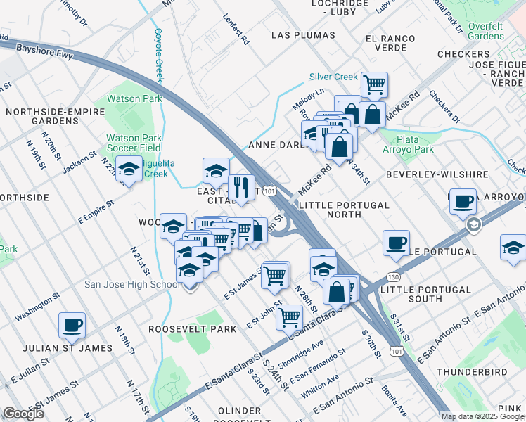 map of restaurants, bars, coffee shops, grocery stores, and more near 313 East Court in San Jose