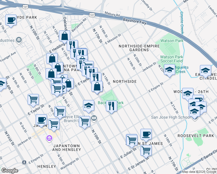 map of restaurants, bars, coffee shops, grocery stores, and more near 644 North 14th Street in San Jose