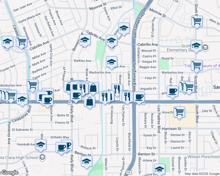 map of restaurants, bars, coffee shops, grocery stores, and more near 1749 Ravizza Avenue in Santa Clara