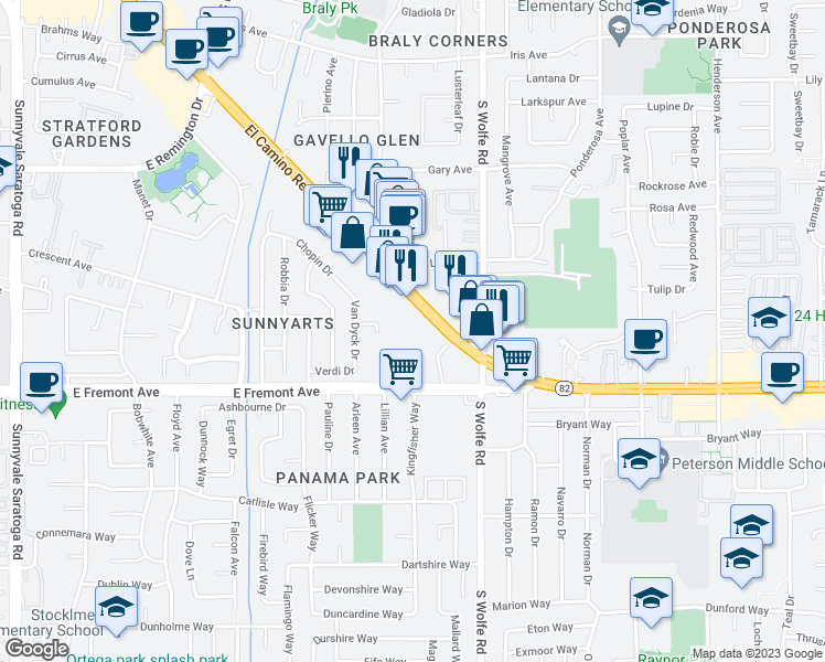 map of restaurants, bars, coffee shops, grocery stores, and more near 850 East El Camino Real in Sunnyvale