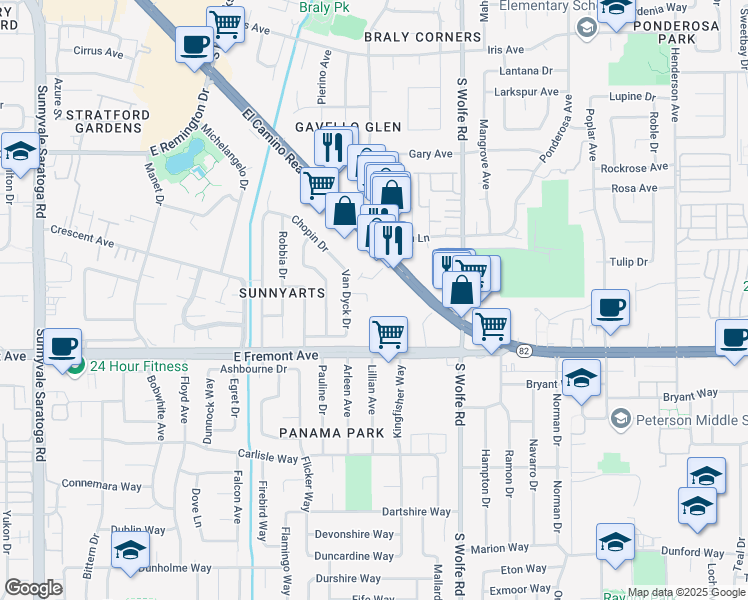 map of restaurants, bars, coffee shops, grocery stores, and more near 850 East El Camino Real in Sunnyvale