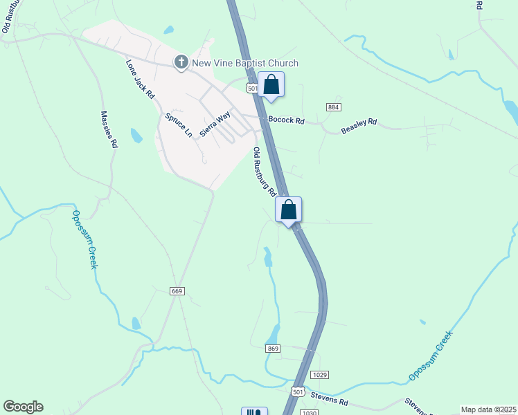 map of restaurants, bars, coffee shops, grocery stores, and more near 57 Whispering Stream Lane in Lynchburg