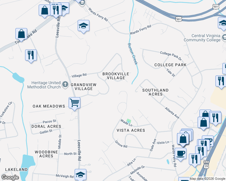 map of restaurants, bars, coffee shops, grocery stores, and more near 103 Wooldridge Circle in Lynchburg