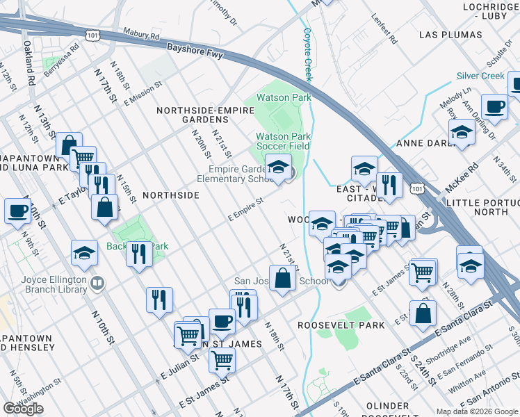 map of restaurants, bars, coffee shops, grocery stores, and more near North 21st Street in San Jose