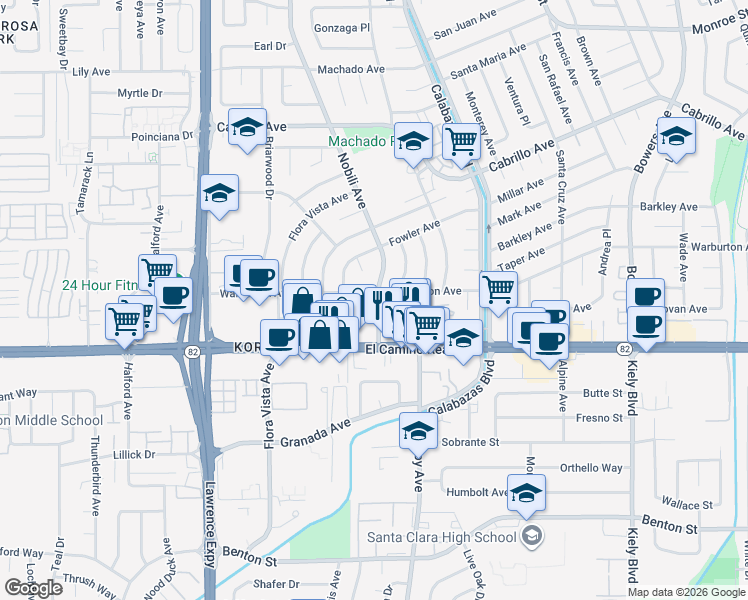map of restaurants, bars, coffee shops, grocery stores, and more near 3437 Warburton Avenue in Santa Clara