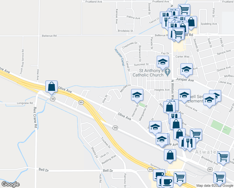 map of restaurants, bars, coffee shops, grocery stores, and more near 1542 Vine Circle in Atwater