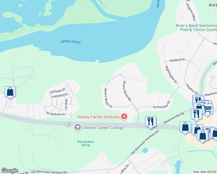 map of restaurants, bars, coffee shops, grocery stores, and more near 404 Rivers Bend Circle in Chester