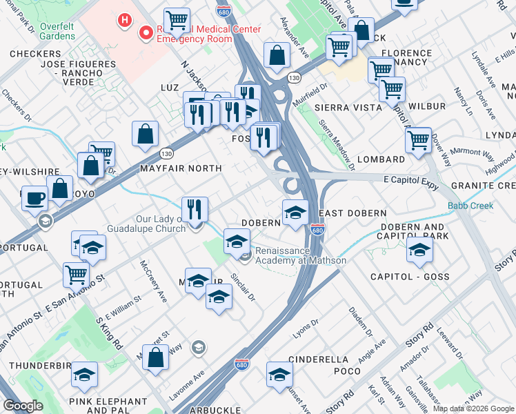 map of restaurants, bars, coffee shops, grocery stores, and more near 2138 East San Antonio Street in San Jose
