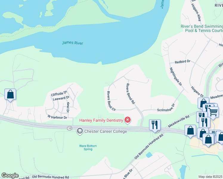 map of restaurants, bars, coffee shops, grocery stores, and more near 405 Rivers Bend Circle in Chester