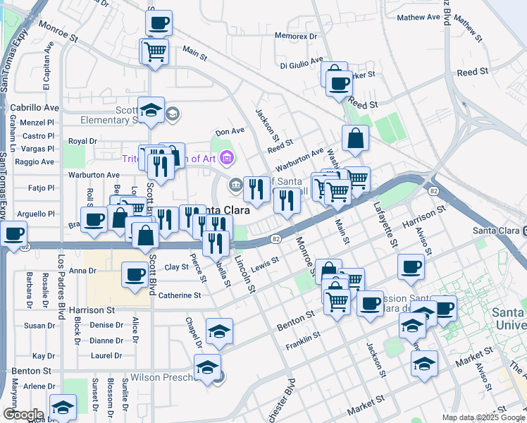 map of restaurants, bars, coffee shops, grocery stores, and more near 1375 Civic Center Drive in Santa Clara