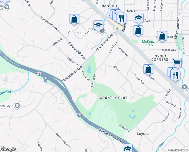 map of restaurants, bars, coffee shops, grocery stores, and more near Fairway Drive in Los Altos