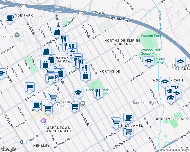 map of restaurants, bars, coffee shops, grocery stores, and more near 644 North 14th Street in San Jose