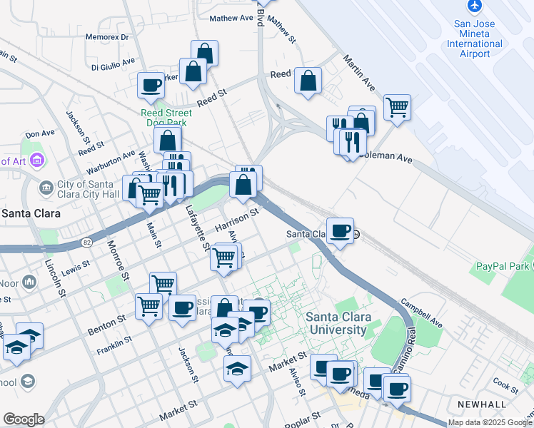 map of restaurants, bars, coffee shops, grocery stores, and more near 608 Harrison Street in Santa Clara