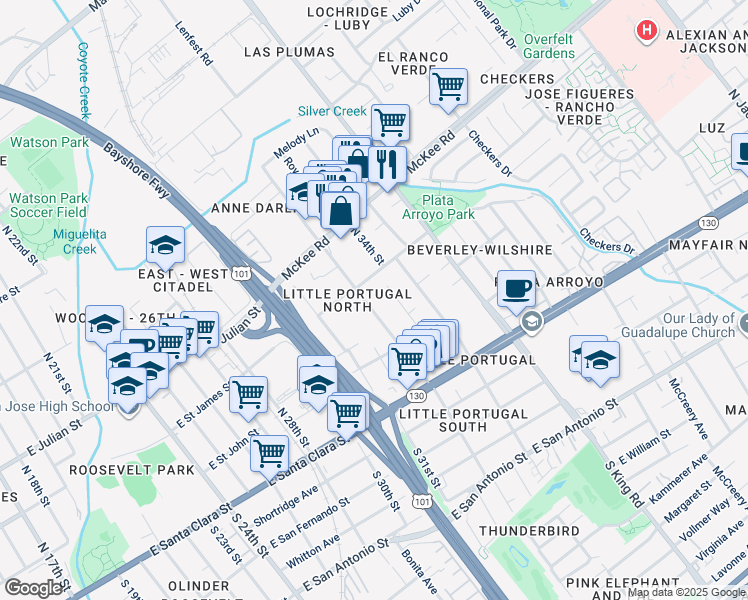 map of restaurants, bars, coffee shops, grocery stores, and more near 1610 East Saint James Street in San Jose