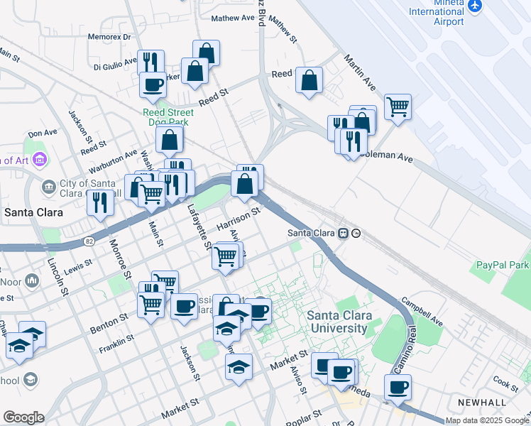 map of restaurants, bars, coffee shops, grocery stores, and more near 608 Harrison Street in Santa Clara
