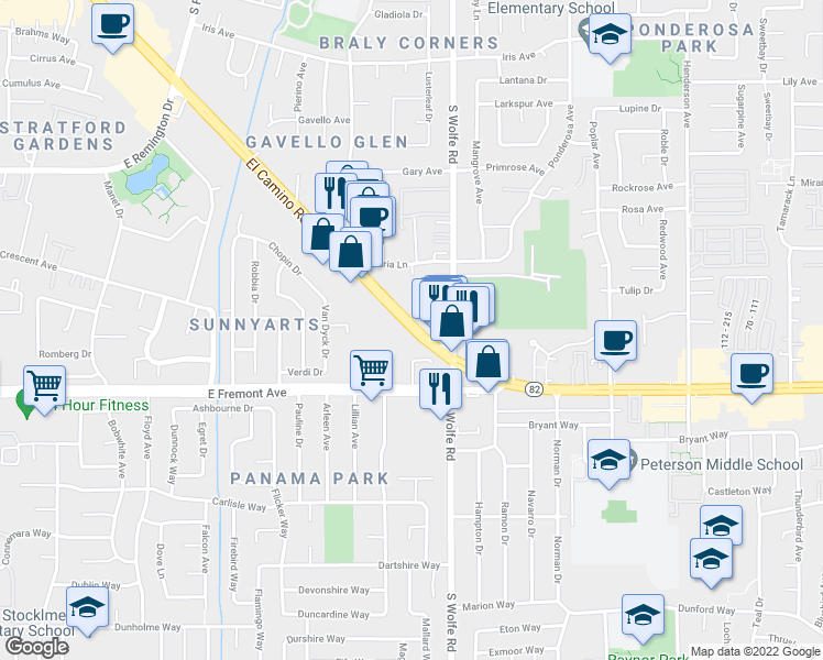 map of restaurants, bars, coffee shops, grocery stores, and more near 874 East El Camino Real in Sunnyvale