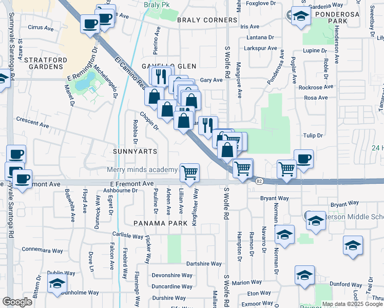 map of restaurants, bars, coffee shops, grocery stores, and more near 874 East El Camino Real in Sunnyvale