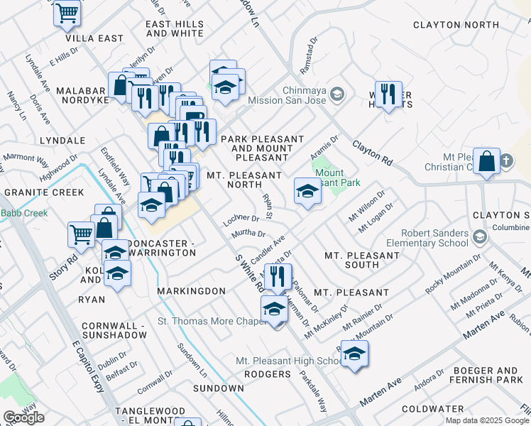 map of restaurants, bars, coffee shops, grocery stores, and more near 10311 Ryan Street in San Jose