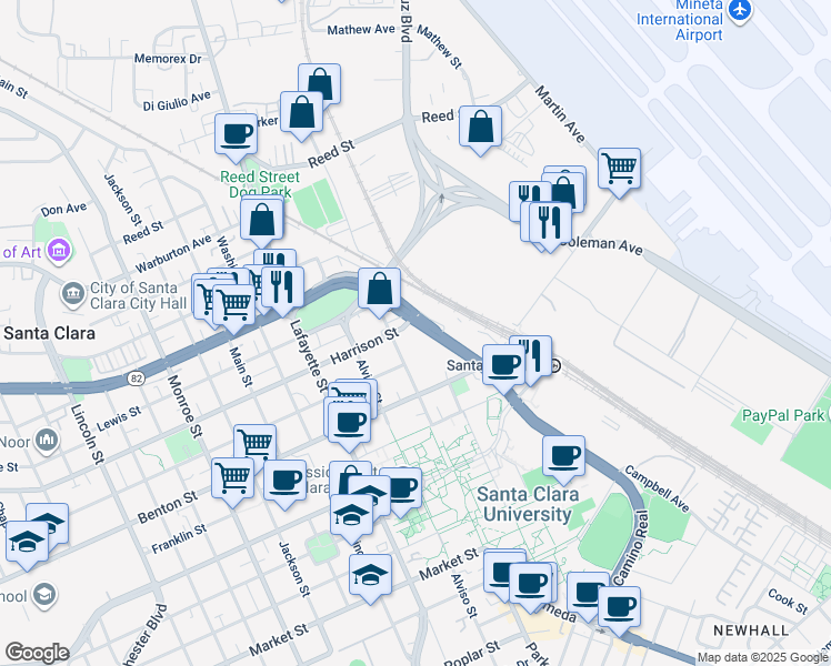 map of restaurants, bars, coffee shops, grocery stores, and more near 608 Harrison Street in Santa Clara