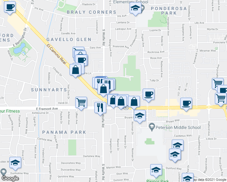 map of restaurants, bars, coffee shops, grocery stores, and more near 905 Sunrose Terrace in Sunnyvale